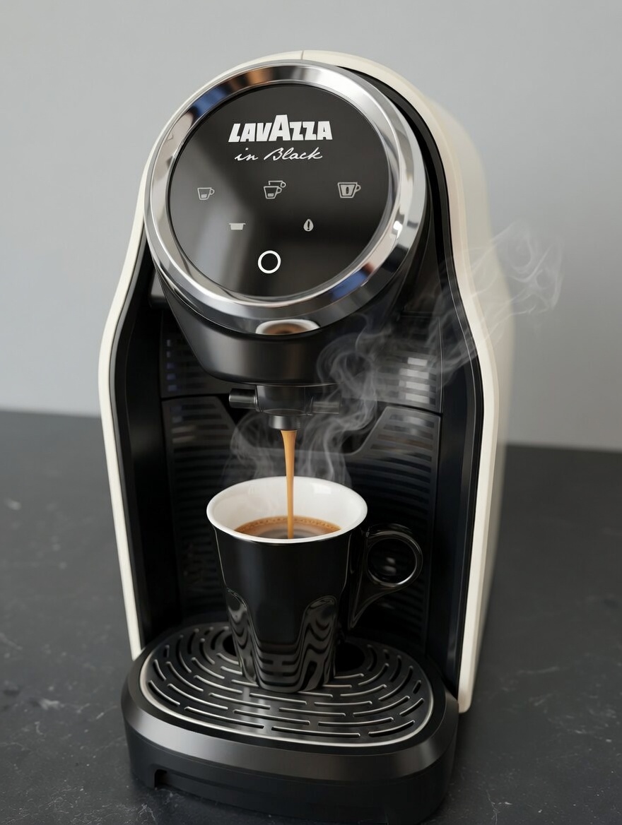 Lavazza in Black coffee machine pulling a shot of espresso into a dark cup.