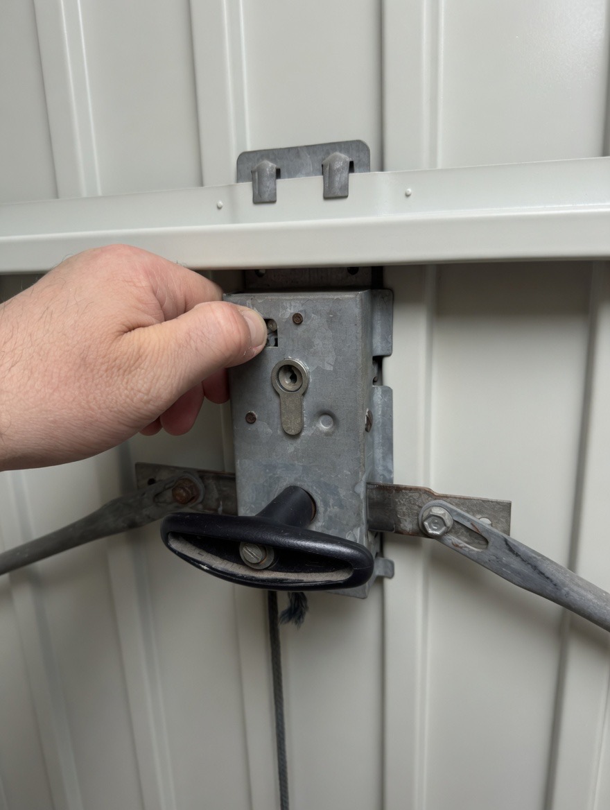 Hand pushing the door knob to the right to release the lock.