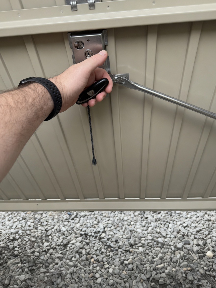 Hand rotating and pushing the door forward, the garage door swinging open.